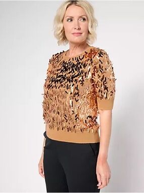 Isaac Mizrahi Live! Sequin Fringe Short Sleeve Sweater - Camel & Fold Size L